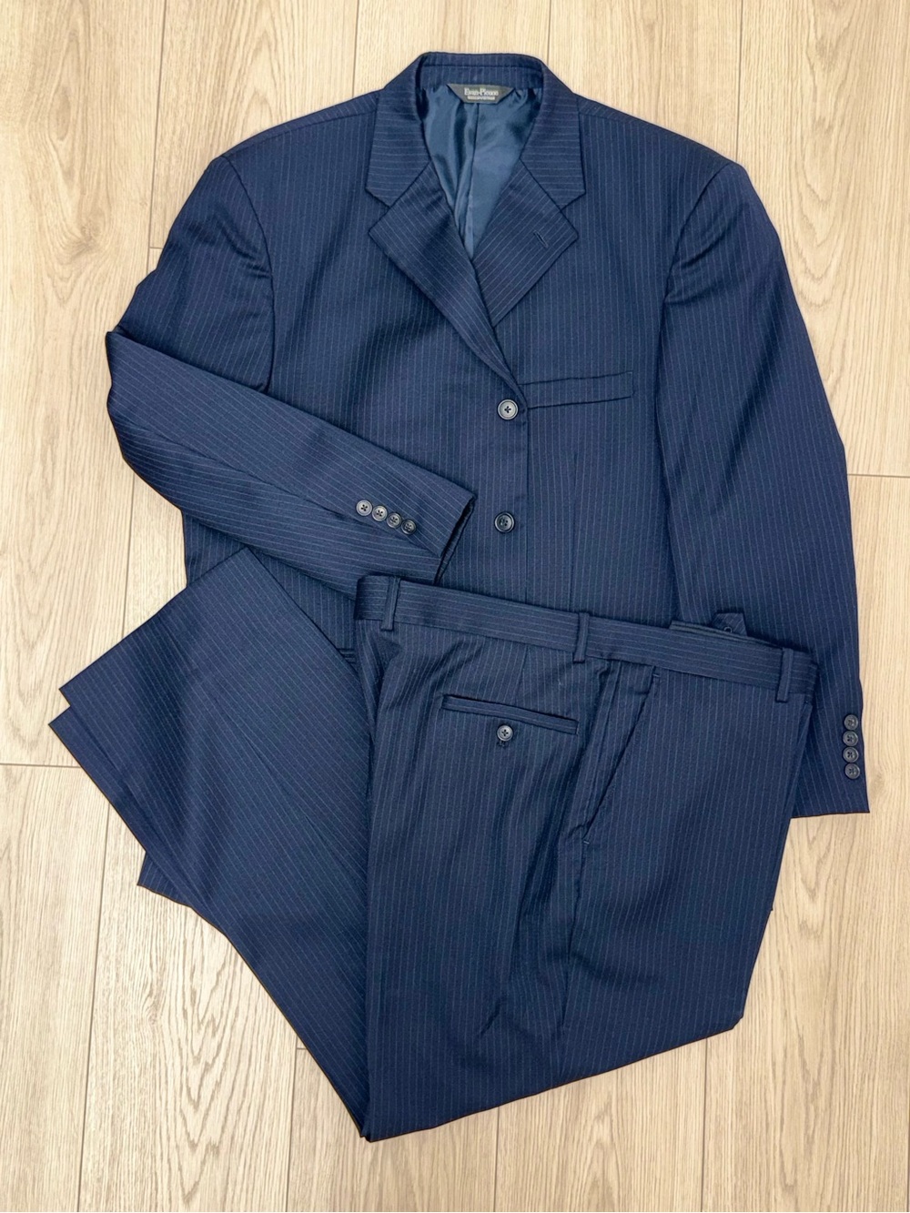 Evan Picone Mens 46S Navy 100% Wool Pinstripes Pleated Suit & Pants 41x29